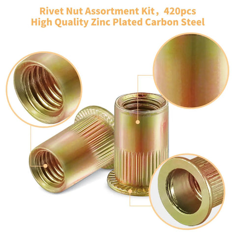 Rock Solid 420 Piece Metric And Sae Rivet Nuts Assortment Kit Featuring Zinc Plated Carbon Steel Thread Inserts close-up of threaded inserts