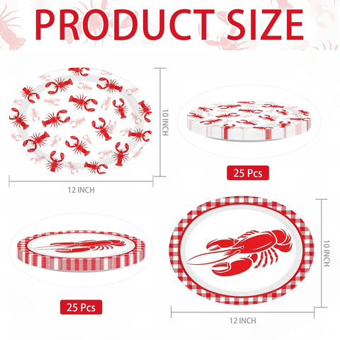 Rad Lobster Themed Oval Paper Plates 12 By 10 Inch 50 Pack Disposable Seafood Boil Dishes showing product sizes and designs.