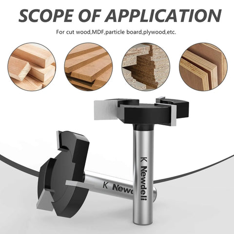 CNC Spoilboard Surfacing Router Bit Pro With One Quarter Inch Shank And One Inch Cutting Diameter Three Wing Slab Flattening Tool For Wood Dado And Planing, Perfect For Slab Surfacing And Grooving, Includes Half To Quarter Inch Collet Reduction Sleeve shown with application examples for wood and MDF.