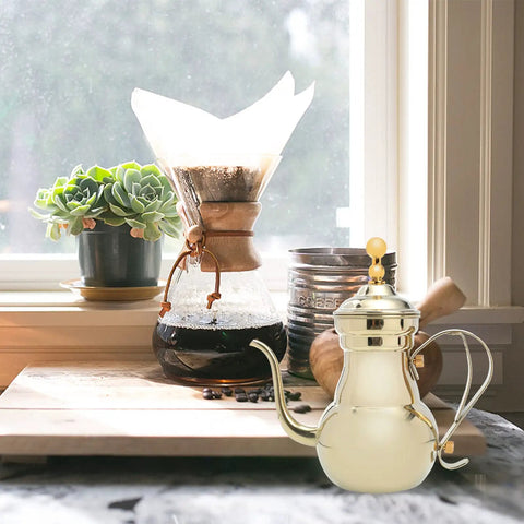 Stainless Steel Arabic Coffee Pot And Pour Over Teapot Set With Infuser Multiuse Coffee Kettle on a kitchen counter.
