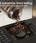 Hassle Free One Touch Automatic Espresso Machine With Built In Grinder And Manual Milk Frother For Pro Level Cappuccino And Latte Shots Easy Peasy Auto Clean Home Coffee Maker That Kicks Off Your Morning Ritual In Style, showing coffee beans being poured into grinder.
