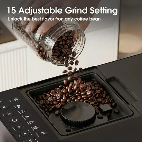 Hassle Free One Touch Automatic Espresso Machine With Built In Grinder And Manual Milk Frother For Pro Level Cappuccino And Latte Shots Easy Peasy Auto Clean Home Coffee Maker That Kicks Off Your Morning Ritual In Style, showing coffee beans being poured into grinder.
