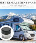 2 Pack Axle Bearing Protectors With Dust Covers, 1.98 Inch Chrome Steel Bars pictured with RV in snowy mountains background