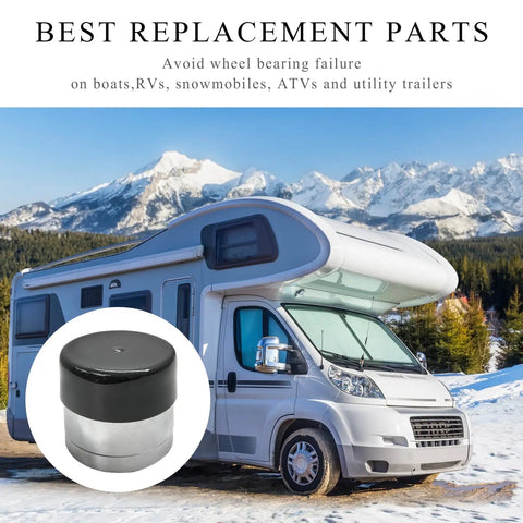 2 Pack Axle Bearing Protectors With Dust Covers, 1.98 Inch Chrome Steel Bars pictured with RV in snowy mountains background