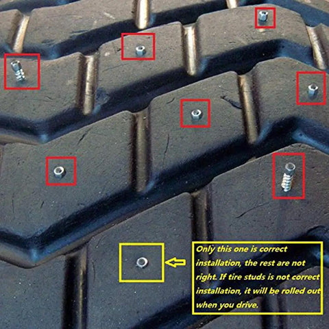 Tough As Nails 12mm Carbide Tire Studs And Snow Spikes provide traction on tire tread with correct installation highlighted.