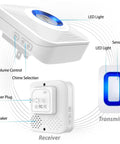 Wireless Door Chime And Driveway Alarm With Motion Sensor For Home And Business with 500 Foot Range, showing LED indicators, sensor, and controls.