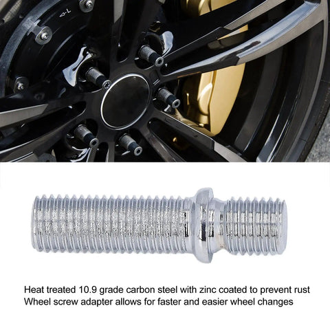 Hot Wheels Wheel Conversion Stud Kit With 20 Extended 50mm Studs For European Rides M12X1.25 To M12X1.5 Heat Treated Steel Zinc Plated Upgrade Your Bolt Set Now. Close-up of zinc-plated 50mm wheel conversion stud on black alloy wheel