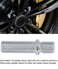 Heavy Duty 33mm Shank Extended Wheel Conversion Stud Kit Heat Treated Grade 10.9 Steel Zinc Plated 50mm Length Screw Adapters For Euro Cars 20 Pack M12*1.25 To M12*1.5 Perfect Fit Upgrade wheel stud and installed wheel close-up