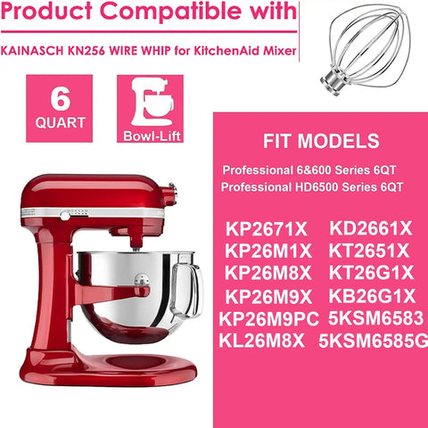 Red KitchenAid mixer with 6-quart bowl and Stainless Steel 18 8 Six Wire Whisk Attachment For 6 Quart Bowl Lift Stand Mixers