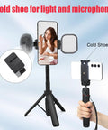 Extendable Mini Tripod For GoPro Hero Cameras And Osmo Pocket, shows phone setup with light and microphone cold shoe.