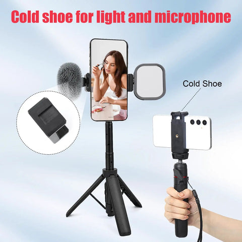 Extendable Mini Tripod For GoPro Hero Cameras And Osmo Pocket, shows phone setup with light and microphone cold shoe.