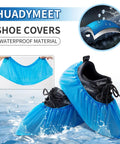 Disposable Shoe Covers Large Pack 100 Count Waterproof Non Slip Bootie Covers shown on sneakers, durable and dustproof.