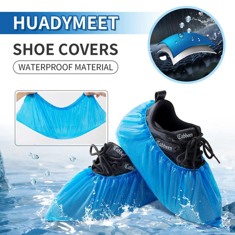 Disposable Shoe Covers Large Pack 100 Count Waterproof Non Slip Bootie Covers shown on sneakers, durable and dustproof.