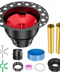 Hassle Free Freestanding Tub Drain Kit With Bolt Tight Brass Tail Pipes And Slick PVC Adapter Rough In Rig components laid out.