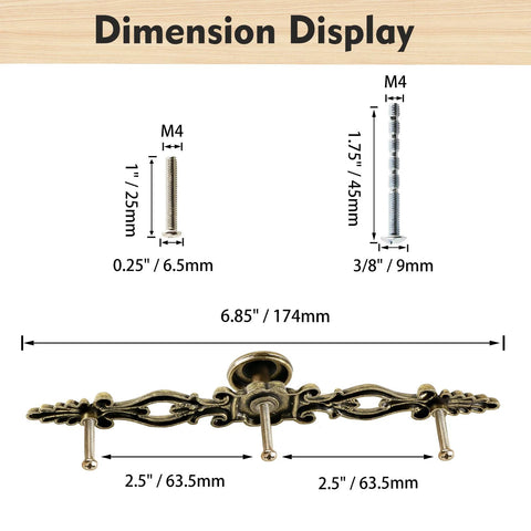 Antique Bronze Cabinet Knobs And Pulls With Plate 5 Inch Hole Centers, dimension display with detailed measurements and screws.