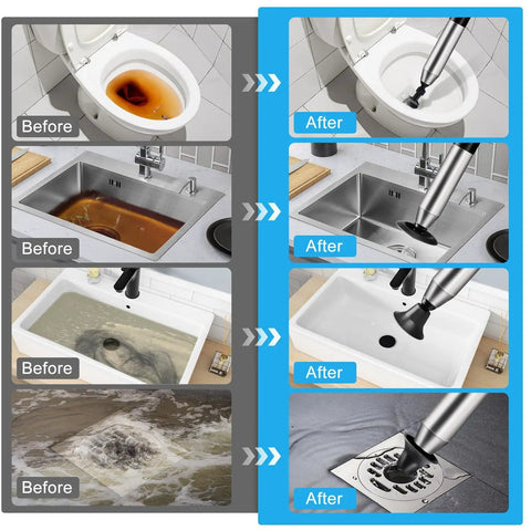 Heavy Duty Air Drain Blaster With Real Time Barometer And Storage Bag, High Pressure Toilet Plunger clears blockages in toilets and sinks.