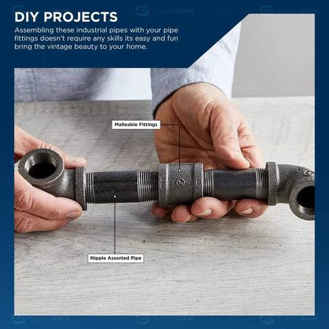 Hands assembling Three Quarter Inch Black Steel Pipe Nipple Set In Ten Pack For DIY Furniture And Black Pipe Shelving One And A Half Inch Length