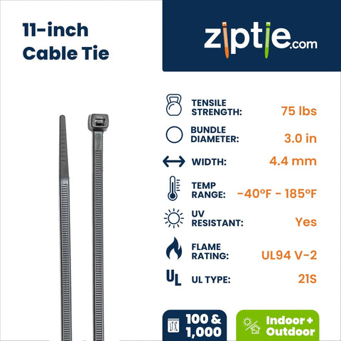 11 Inch Multi Purpose Zip Tie 75 Lb Tensile Strength UL 21S Listed Black 1000 Pack For Home Office And Garage Cable Management And Keep Cables Neat And Tidy In One Easy Wrap