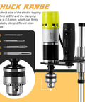 Consfly Electric Tapping Machine for Wood Plastic Metal with adjustable chuck size and clamping range for precise hole threading.