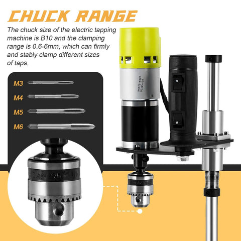 Consfly Electric Tapping Machine for Wood Plastic Metal with adjustable chuck size and clamping range for precise hole threading.