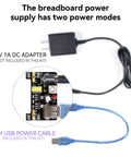 Electronic Component Fun Kit For Makers With Supply Module 830 showing breadboard power supply and USB cable