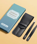 Two Pack Slant And Point Tip Tweezers Set For Eyebrows And Ingrown Hair Removal, includes case and packaging on peach background