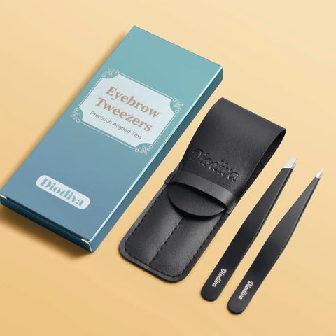 Two Pack Slant And Point Tip Tweezers Set For Eyebrows And Ingrown Hair Removal, includes case and packaging on peach background