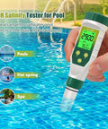 Digital 5 In 1 Water Tester With LCD Backlit for pH TDS EC Salt and Temperature Readings used near a pool