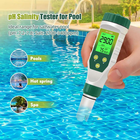 Digital 5 In 1 Water Tester With LCD Backlit for pH TDS EC Salt and Temperature Readings used near a pool