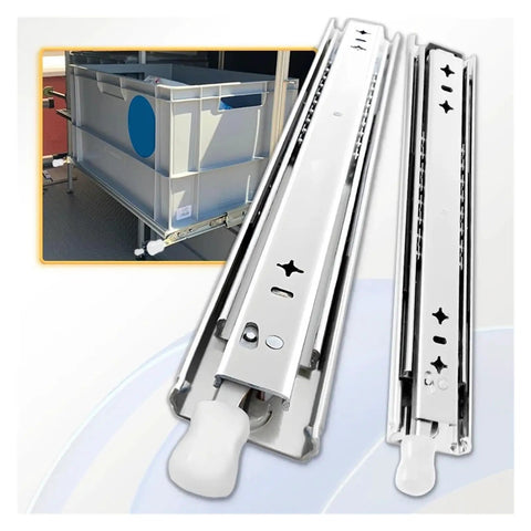 Built Tough Full Extension Side Mount Drawer Slides 38 Inch Heavy Duty Stainless Steel Glide Set, showing snap clips and smooth glide.