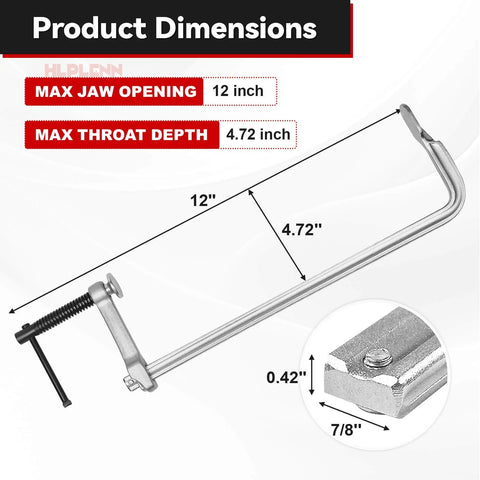 Heavy Duty 12 Inch F Clamps Set For Welding And Metalworking, 1320 Pounds Load Capacity, 4.75 Inch Throat Depth, All Steel Construction, Four Pack Bar Clamps For Woodworking And Metal Fabrication Projects shown with dimensions.