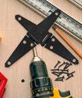 Black galvanized iron strap hinge shown with screws, drill, and pencil - 2 Pack Beefy Heavy Duty Decorative Strap Hinges For Yard Gates And Outdoor Use