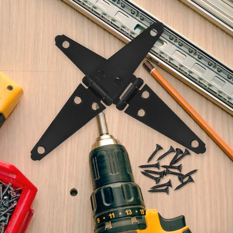 Black galvanized iron strap hinge shown with screws, drill, and pencil - 2 Pack Beefy Heavy Duty Decorative Strap Hinges For Yard Gates And Outdoor Use
