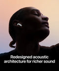 Straight Fire Wireless Earbuds Featuring Dope Active Noise Cancellation And Adaptive Audio For Chill Listening Sessions Plus Transparency Mode And All Day Power held by a model with braided hair against a soft pastel background.
