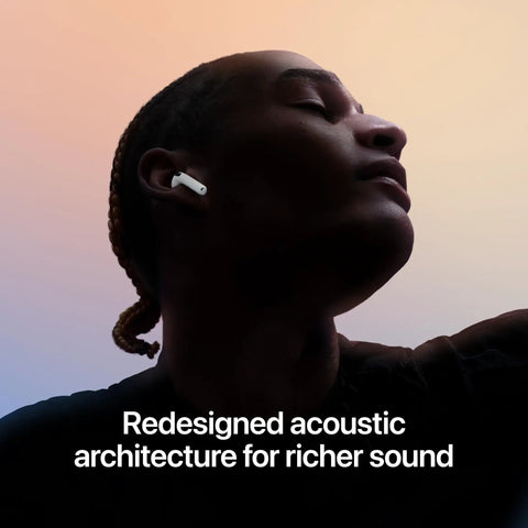 Straight Fire Wireless Earbuds Featuring Dope Active Noise Cancellation And Adaptive Audio For Chill Listening Sessions Plus Transparency Mode And All Day Power held by a model with braided hair against a soft pastel background.