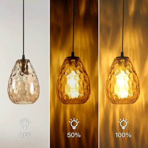 Lit Solar Pendant Lights With Amber Hammered Glass Shade And Edison Bulb Vibe showing light intensity from off to 100%