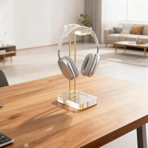 Crystal Clear Acrylic Headphone Stand With Gold Hardware Dope Look Ultra Sturdy Desk Earphone Holder For Gaming Room And Office