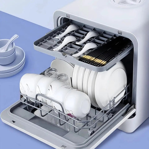Ultra Compact Countertop Dishwasher Total Game Changer For Small Kitchens Fully Automatic Four Cycle Wash System Featuring Fast Auto Dry Plus Straight Up Slick Faucet Hookup Or Simple Manual Fill Setup with plates, bowls, and cutlery inside.