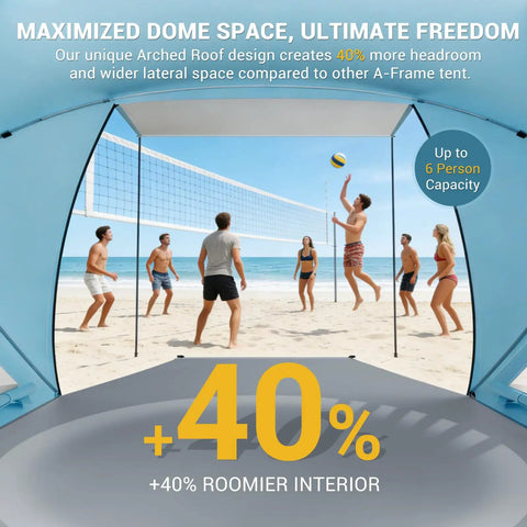 Pop Up Beach Tent With Extended Canopy For 4-6 People CumbreX Sun Shelter interior showing volleyball game