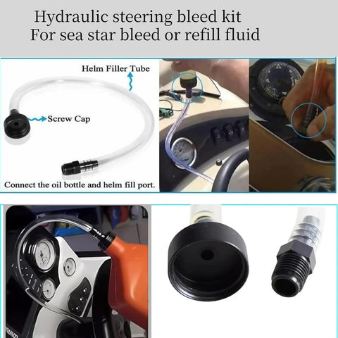 All In One Hydraulic Steering Bleed And Filler Kit For Outboard Sterndrive And Inboard Helms Easy To Use Leak Free Fill Tube And Fittings That Will Not Cross Thread For A No Fuss Clean Quick Bleed
