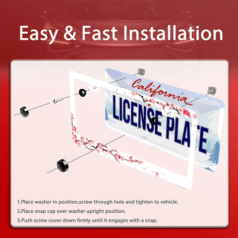 Illustration showing installation of Totally Custom Cherry Blossom License Plate Frame in Stainless Steel With Floral Design