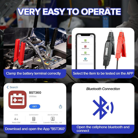 Upgrade Bluetooth Car Battery Tester For 6V And 12V Systems With 100-2000 CCA, Cranking And Alternator Analysis, Battery Load Testing, Volt Meter, Android iPhone And Launch X431 Compatible, SUV Truck Motorcycle RV ATV Pro Grade Gadget showing app setup and Bluetooth connection