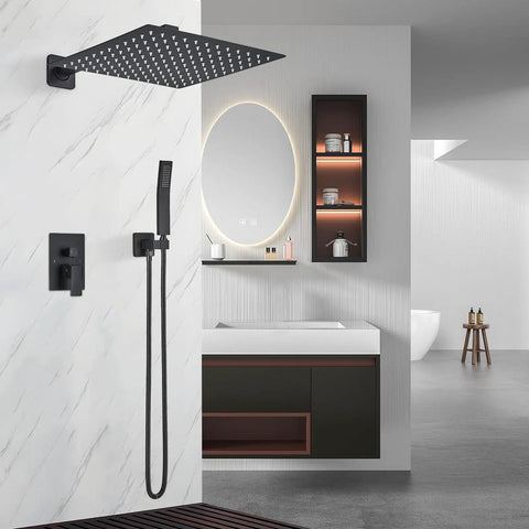 Matte Black All-In-One Shower System With 12-Inch LED Square Rain Shower Head And Handheld Spray in modern bathroom setting