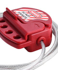 Rock Solid Adjustable Lockout Tagout Cable Locks Six Foot Steel Security Cables With Vinyl Coating, red latch with steel cable.