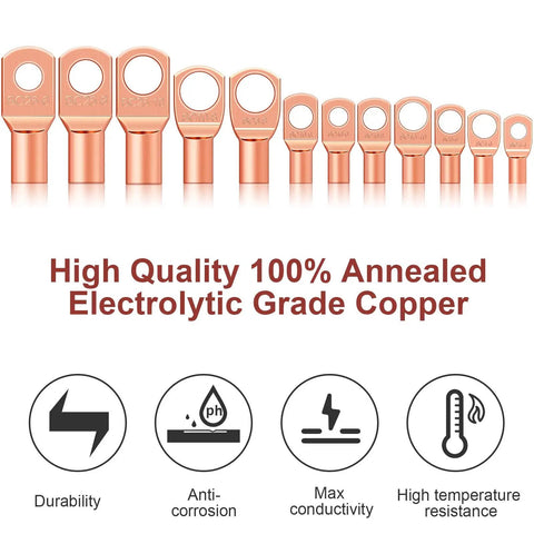 Copper Wire Lug Kit 170 Pcs Battery Terminal Connectors In 12 Sizes For AWG 4 6 8 10 12 Ring Terminals