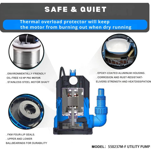 Cutaway view of Half HP Sump Pump With 4900 GPH High Flow For Clean And Dirty Water Portable Thermoplastic Electric Pump