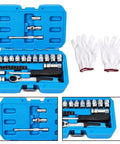 Heavy Duty 29 Piece Metric Socket And Ratchet Set With Through Hole Design And 72 Tooth Quick Reverse Ratchet in blue case.