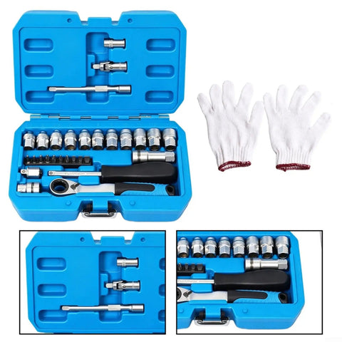Heavy Duty 29 Piece Metric Socket And Ratchet Set With Through Hole Design And 72 Tooth Quick Reverse Ratchet in blue case.