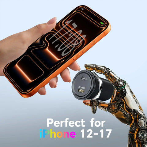 Beast Mode 120W Dual Port Car Charger With 100W PD3.0 Type C Fast Charging Socket And 20W USB A Outlet on a display with hand.