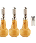 Heavy Duty Three Piece Pin Vise Set Featuring Solid Wood Handle Chuck Gravers Ideal For Jewelry Making Watch Repair And Amazingly Reliable Craft Repairs, showing three wooden pin vises with metal chucks and four drill bits.